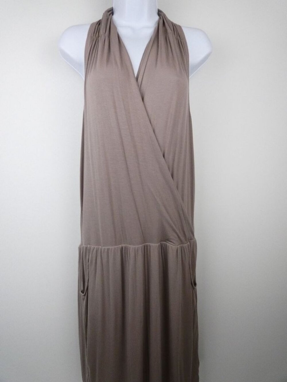 Athleta Dress Large Womens Tan Tank Halter Midi Stretch V Neck Pockets Modal